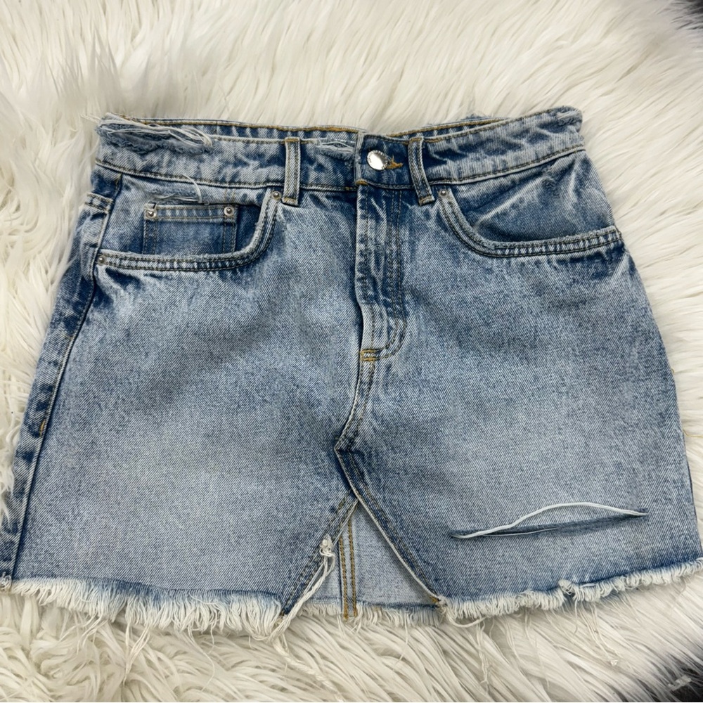Zara distressed denim mini skirt